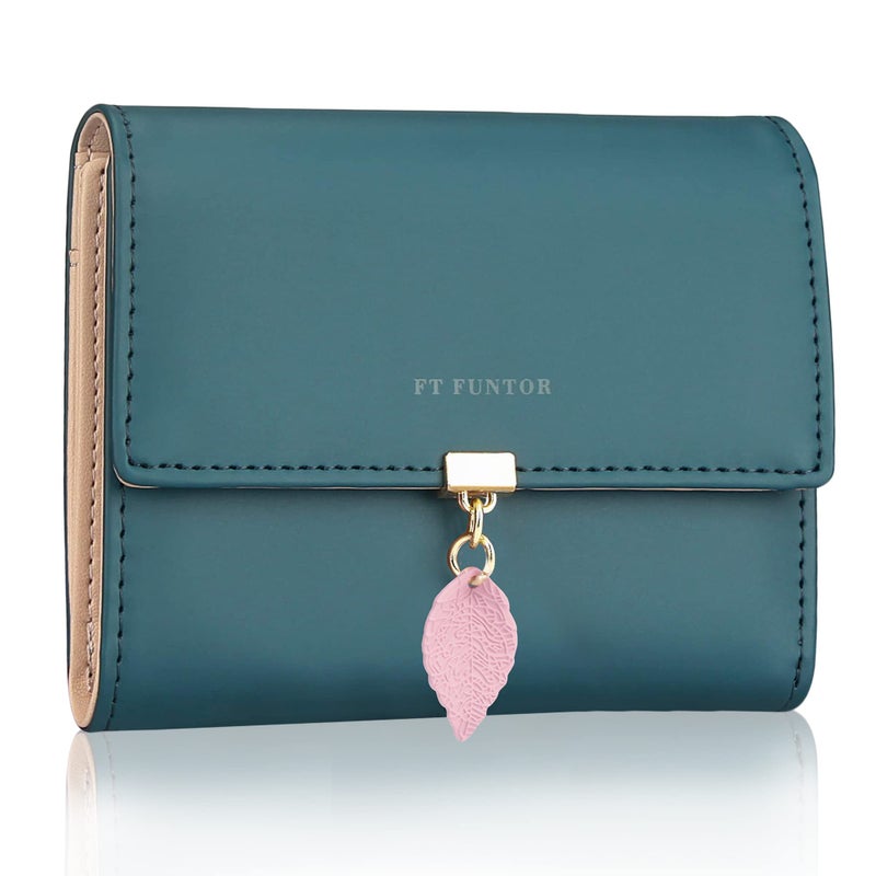 FT FUNTOR RFID Wallets for Women, Leaf Card Holder Trifold Ladies Wallets Coins Zipper Pocket with ID Window Small Teal Blue - Image 1